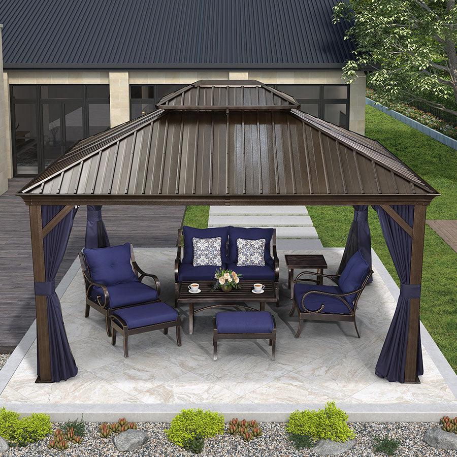 PURPLE LEAF Outdoor Hardtop Gazebo for Patio Bronze Aluminum Frame Pavilion with Navy-Blue Curtain and Reinforced Support Rods