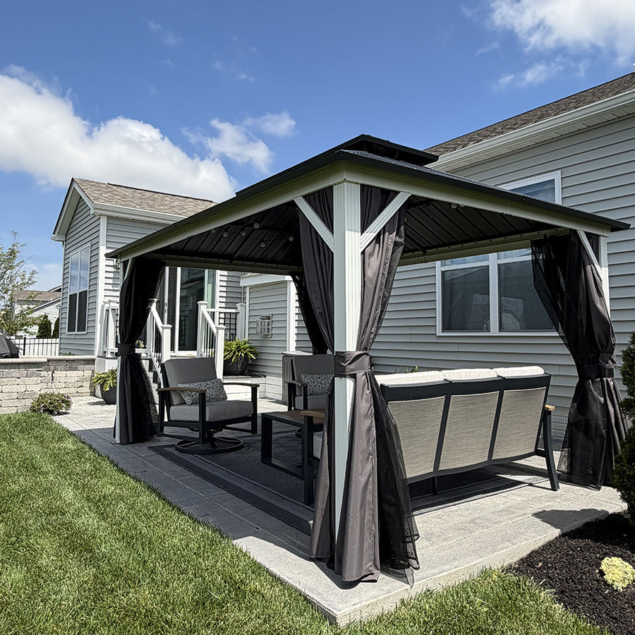 PURPLE LEAF Modern Gazebo Grey Hardtop Galvanized Steel Double Roof White Aluminum Poles with Curtains and Netting with Lights-clear