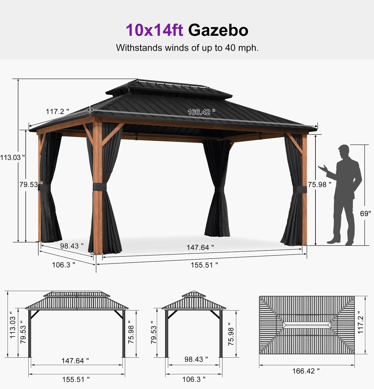 PURPLE LEAF Metal Gazebo Double Roof Wood Grain Aluminum Frame with Curtains and Netting