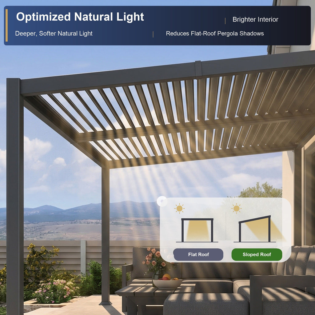 PURPLE LEAF Caesar Hardtop Louvered Pergola with LED String Lights, Slanted Roof Outdoor Aluminum Pergola with Adjustable Rainproof Louvers,Freestanding Patio Gazebo for Backyard Deck, Gray