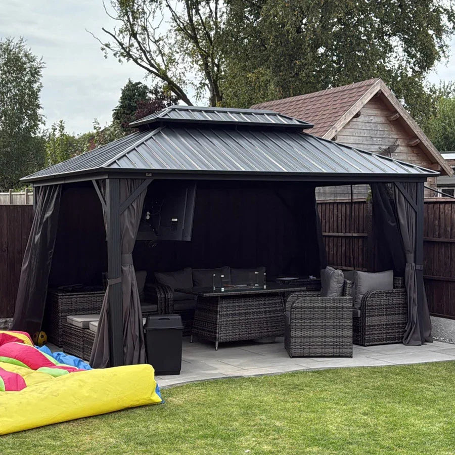 PURPLE LEAF Grey Hardtop Gazebo with Heavy Duty Galvanized Steel Double Roof with String Lights-milky