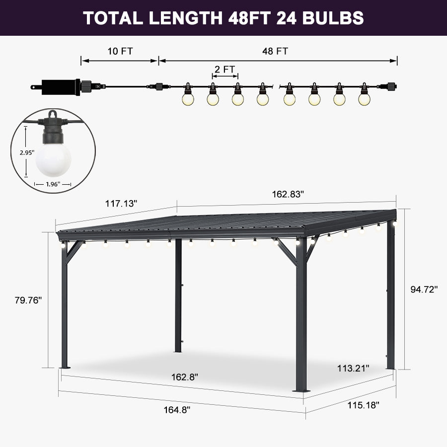 PURPLE LEAF Lean to Gazebo Metal Roof Patio Cover Built-in Drain Slots Wall Mounted Gazebo with Lights-milky for Outdoor Extension