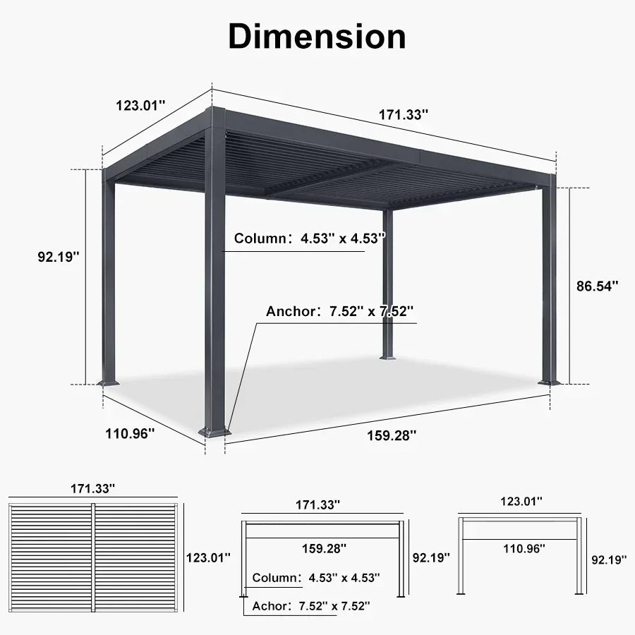 PURPLE LEAF Caesar Solar Louvered Pergola with LED Strip Lights and Control Panel Aluminum Outdoor Pergola with Adjustable Roof for Patio Deck Garden Yard Gray