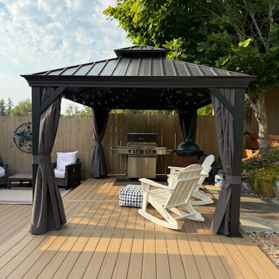 PURPLE LEAF Patio Gazebo for Backyard Grey Hardtop Galvanized Steel Roof Awning with Upgrade Curtain