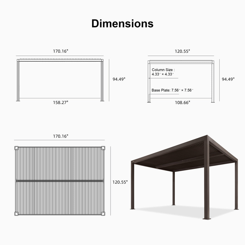 PURPLE LEAF Athena Louvered Pergola Bronze Outdoor Aluminum Pergola with Strip Lights Adjustable Gazebo for Patio Deck Garden