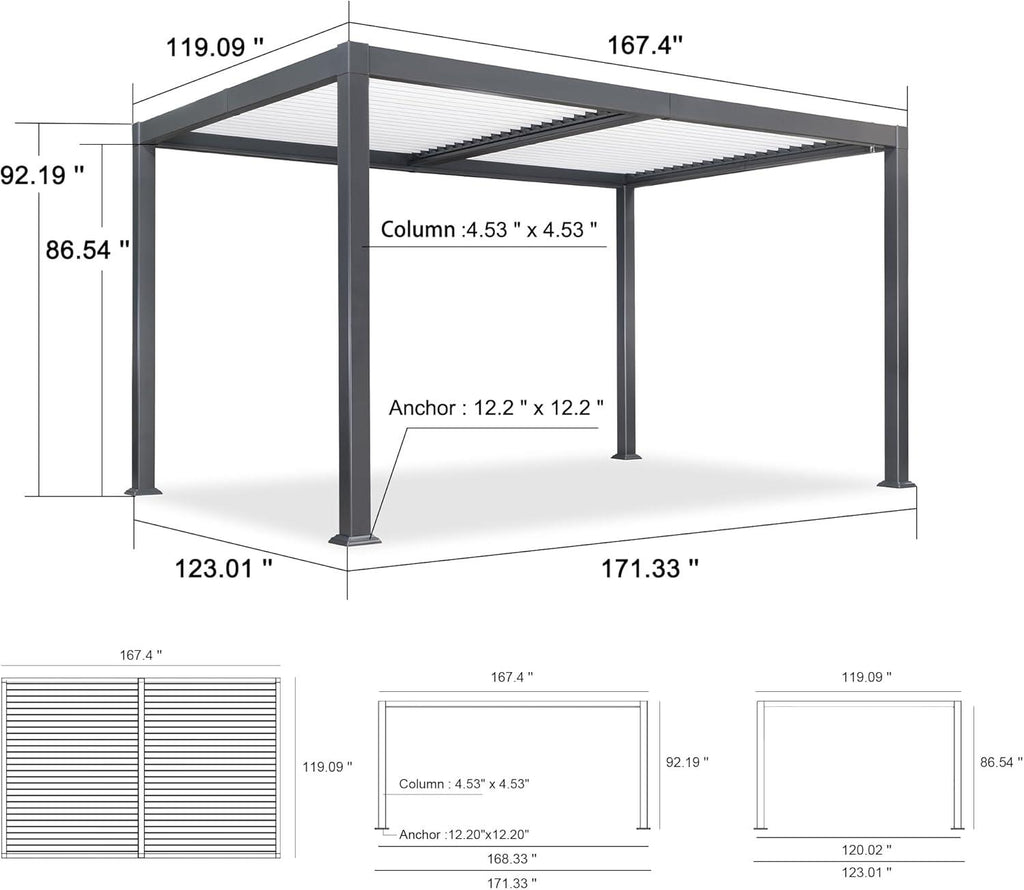 PURPLE LEAF Caesar Outdoor Louvered Pergola Patio Sun Shade Shelter with Adjustable Hardtop Patio Pergola Gray Frame White Roof