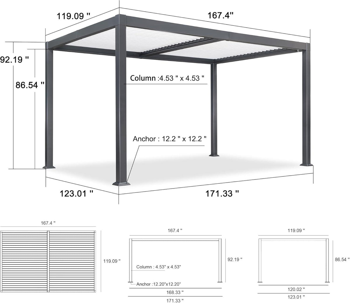 PURPLE LEAF Caesar Outdoor Louvered Pergola Patio Sun Shade Shelter with Adjustable Hardtop Patio Pergola Gray Frame White Roof