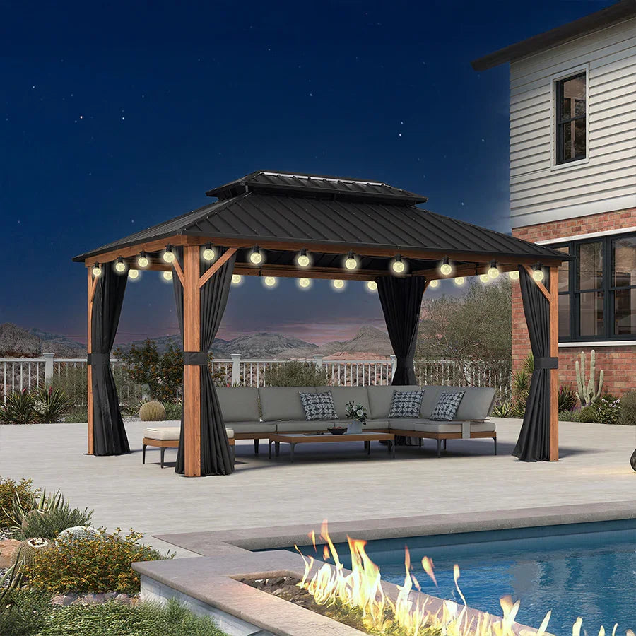 PURPLE LEAF Metal Gazebo Double Roof Wood Grain Aluminum Frame with Curtains and Netting with Lights-clear