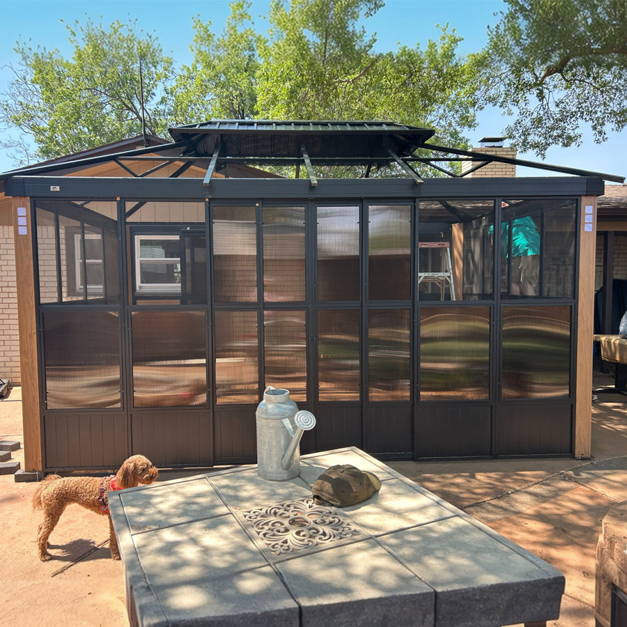 PURPLE LEAF Sunroom Hardtop Gazebo with Wood Grain Columns Black Frame Double Roof Galvanized Steel Solarium All-Weather Screen House with String Lights