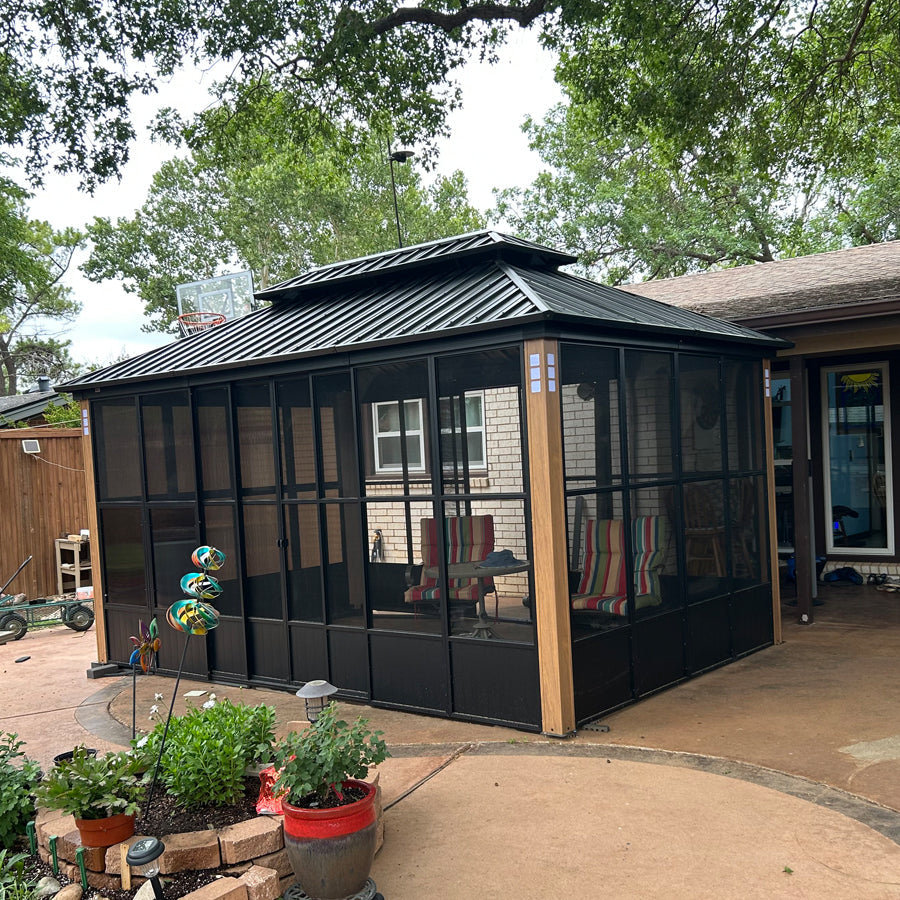 PURPLE LEAF Sunroom Hardtop Gazebo with Wood Grain Columns Black Frame Double Roof Galvanized Steel Solarium All-Weather Screen House with String Lights