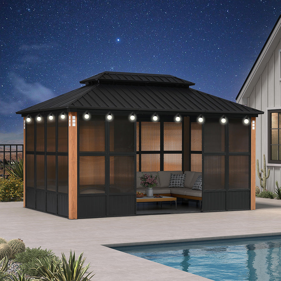 PURPLE LEAF Sunroom Hardtop Gazebo with Wood Grain Columns Black Frame Double Roof Galvanized Steel Solarium All-Weather Screen House with String Lights
