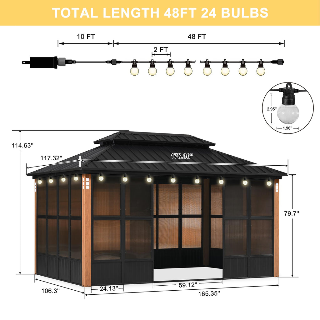 PURPLE LEAF Sunroom Hardtop Gazebo with Wood Grain Columns Black Frame Double Roof Galvanized Steel Solarium All-Weather Screen House with String Lights