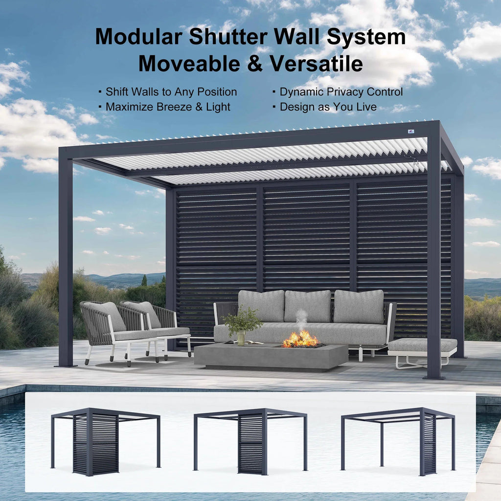 PURPLE LEAF Athena Louvered Pergola Grey Outdoor Aluminum Pergola with Shutter Wall Adjustable Gazebo Rainproof for Patio Deck Garden