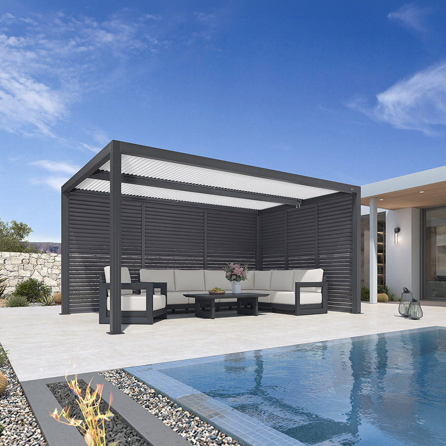 PURPLE LEAF Athena Louvered Pergola Grey Outdoor Aluminum Pergola with Shutter Wall Adjustable Gazebo Rainproof for Patio Deck Garden