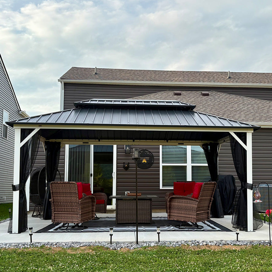 PURPLE LEAF Modern Gazebo Grey Hardtop Galvanized Steel Double Roof White Aluminum Poles with Curtains and Netting with Lights-milky
