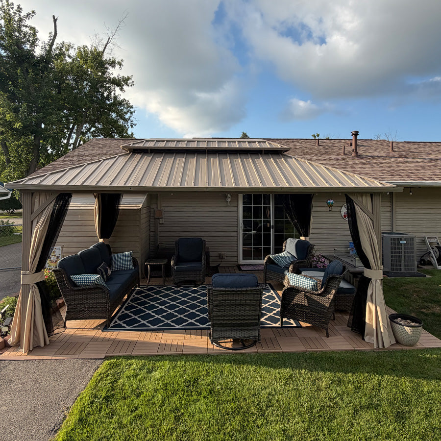 PURPLE LEAF Deck Gazebo Champagne Hardtop Metal Frame Double Roof with Curtains and Netting with Lights-clear