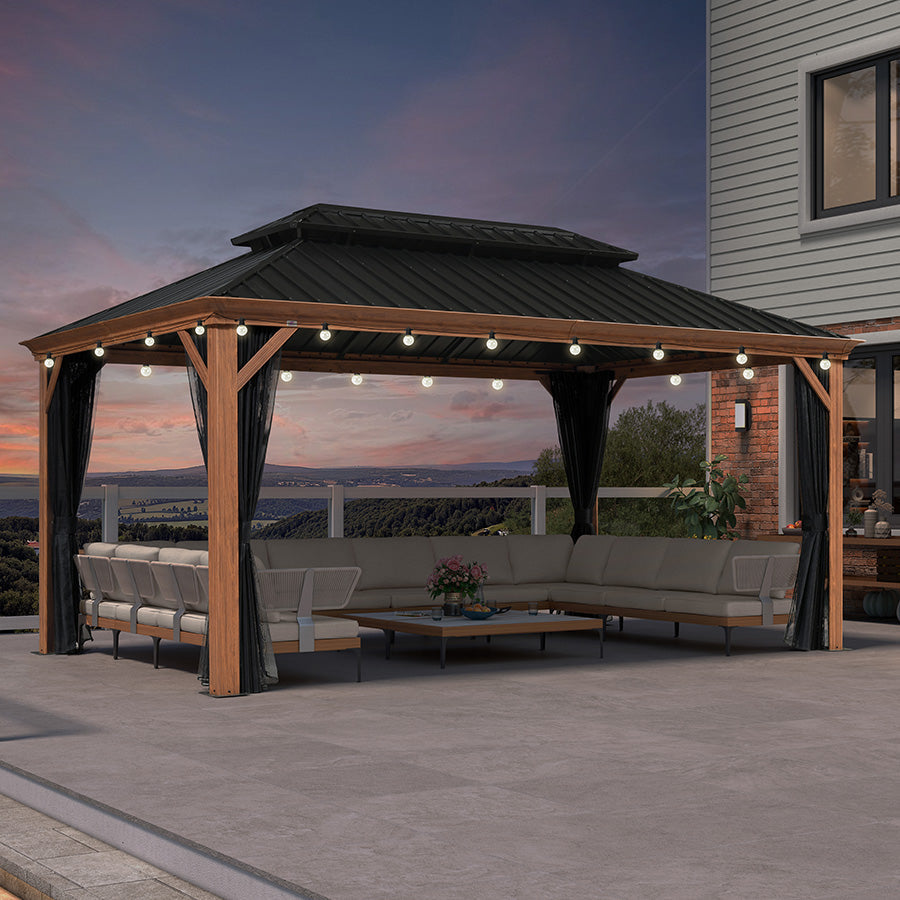PURPLE LEAF Hardtop Gazebo for Patio Wood Grain Aluminum Frame Awning with String Lights-milky