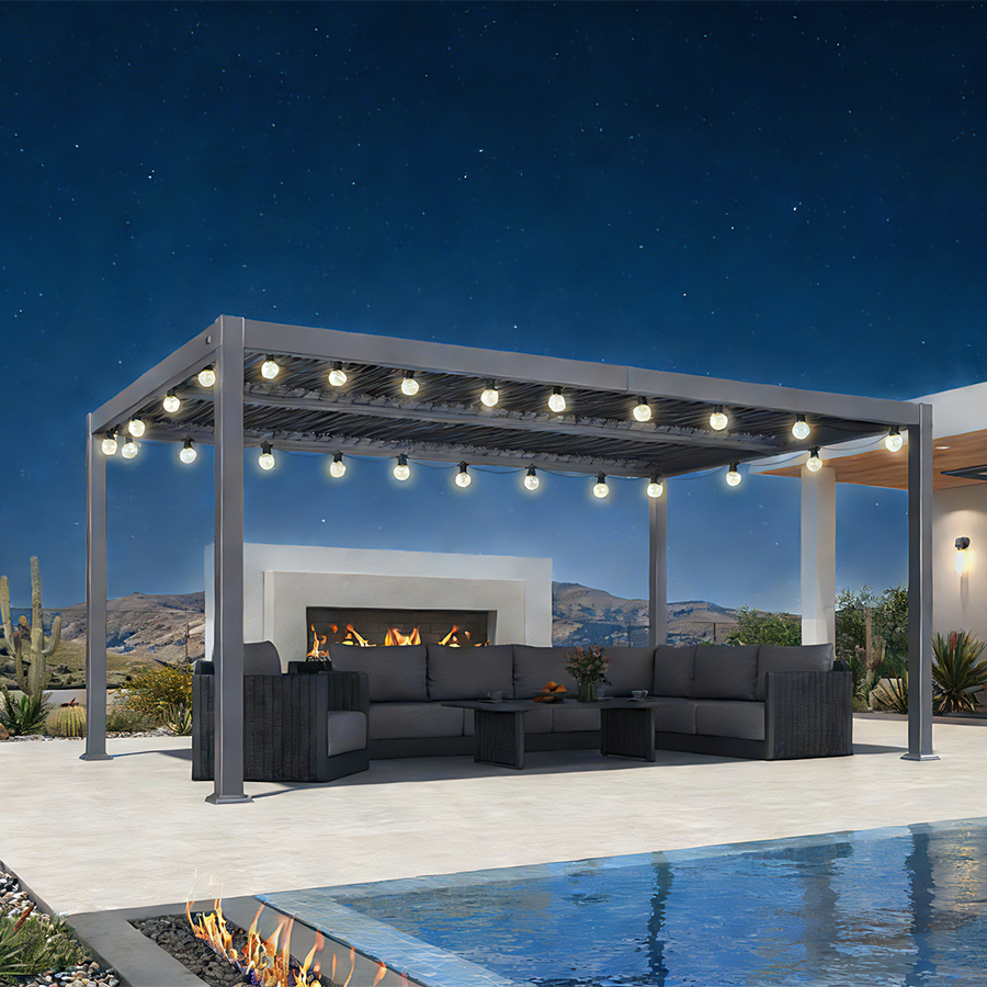 PURPLE LEAF Caesar Louvered Pergola with Milky String Lights Patio Aluminum Pergola with Independent Adjustable Rainproof Roof Hardtop Pergola for Outdoor Deck Garden Yard