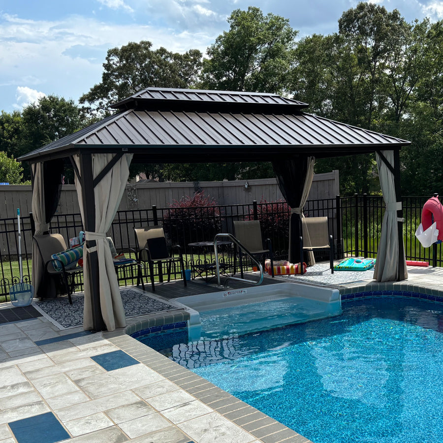 PURPLE LEAF Hardtop Gazebo Featuring Galvanized Steel Double Roof and Bronze Aluminum Frame with Curtains and Netting for Poolside with Lights-clear