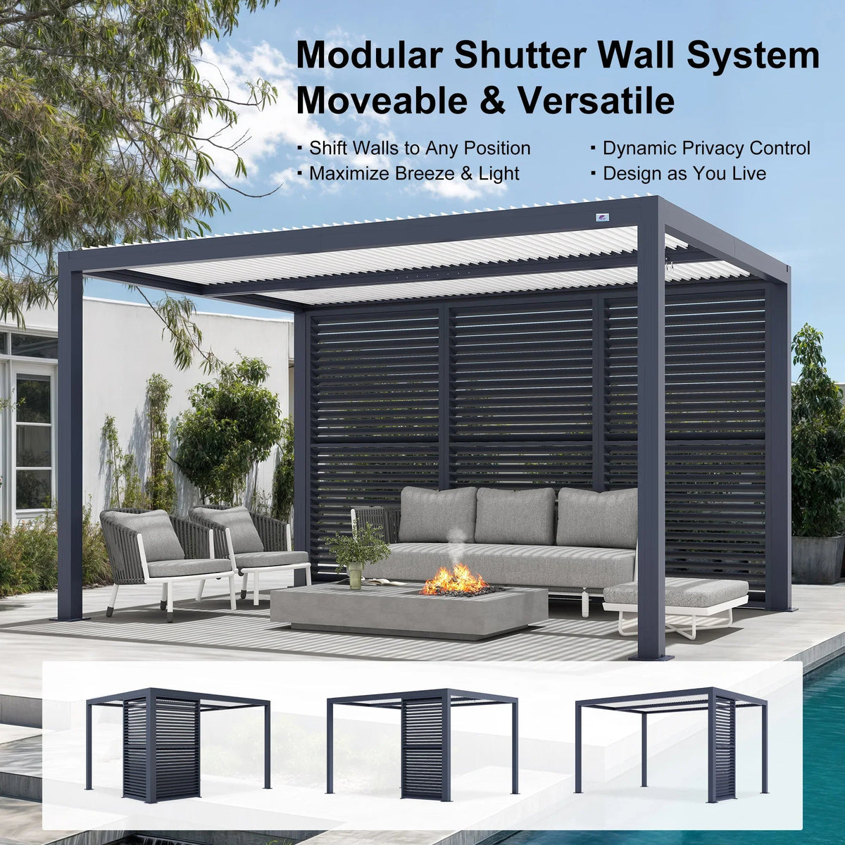 PURPLE LEAF Athena Louvered Pergola Grey Outdoor Aluminum Pergola with Shutter Wall Adjustable Gazebo Rainproof for Patio Deck Garden