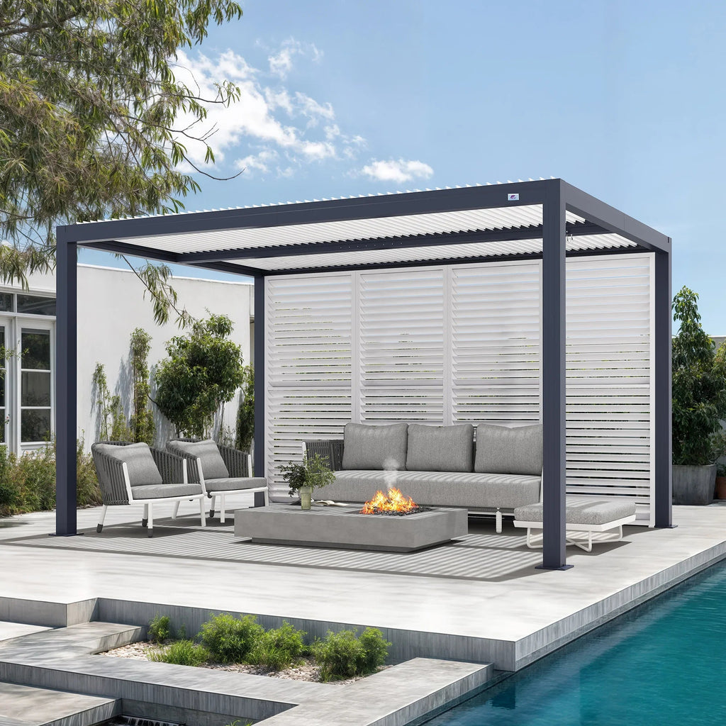 PURPLE LEAF Athena Louvered Pergola Grey Outdoor Aluminum Pergola with Shutter Wall Adjustable Gazebo Rainproof for Patio Deck Garden