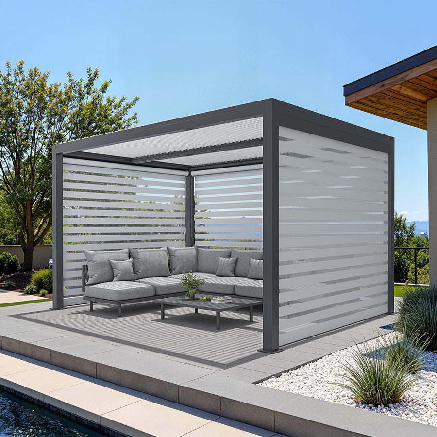 PURPLE LEAF Athena Louvered Pergola Grey Outdoor Aluminum Pergola with Roller Blinds Adjustable Gazebo Rainproof for Patio Deck Garden