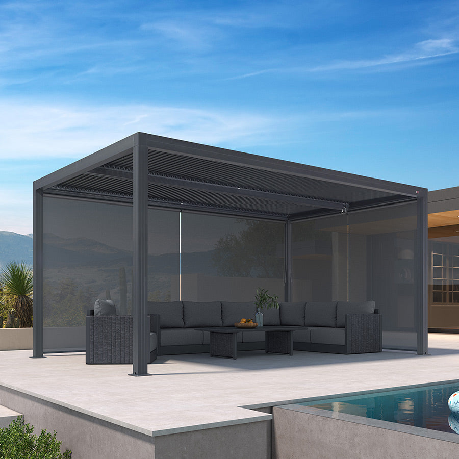 PURPLE LEAF Athena Louvered Pergola Grey Outdoor Aluminum Pergola with Solid Color Roller Blind Adjustable Gazebo for Patio Deck Garden