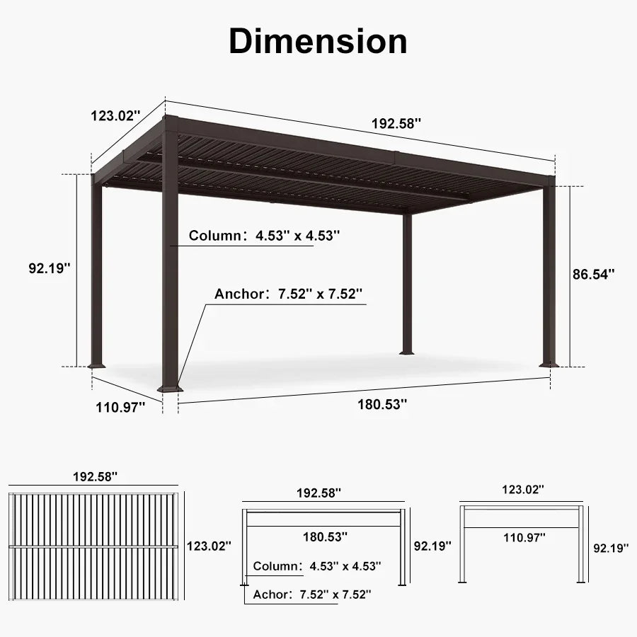 PURPLE LEAF Caesar Louvered Pergola Outdoor Adjustable Roof Modern Patio Aluminum Pergola for Deck Backyard Garden Hardtop Gazebo Bronze