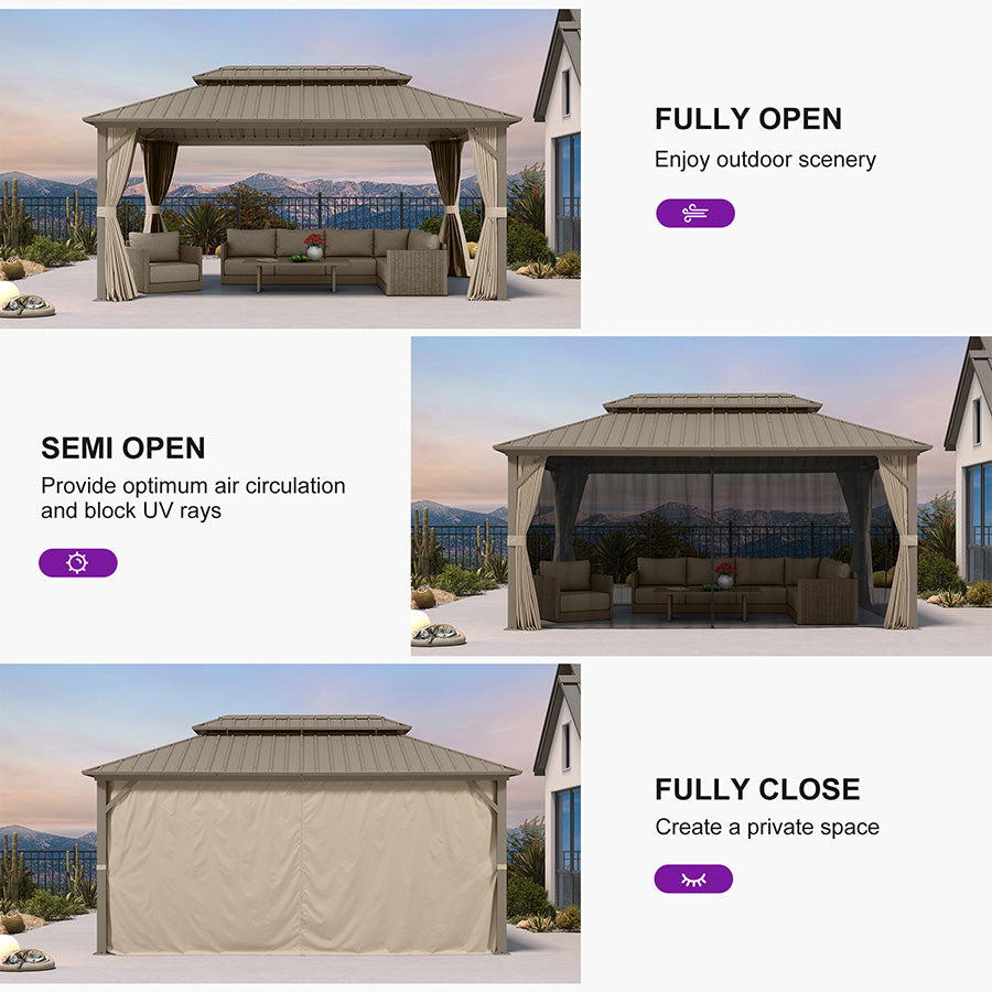 PURPLE LEAF Deck Gazebo Champagne Hardtop Metal Frame Double Roof with Curtains and Netting with Lights-milky