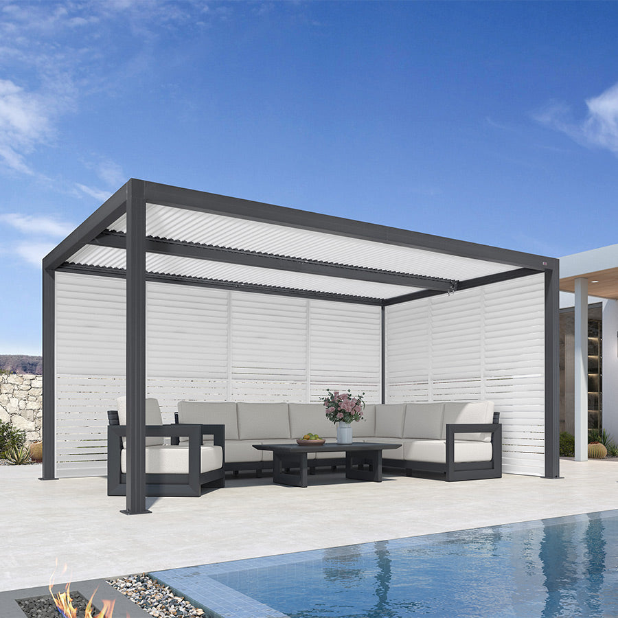 PURPLE LEAF Athena Louvered Pergola Grey Outdoor Aluminum Pergola with Shutter Wall Adjustable Gazebo Rainproof for Patio Deck Garden