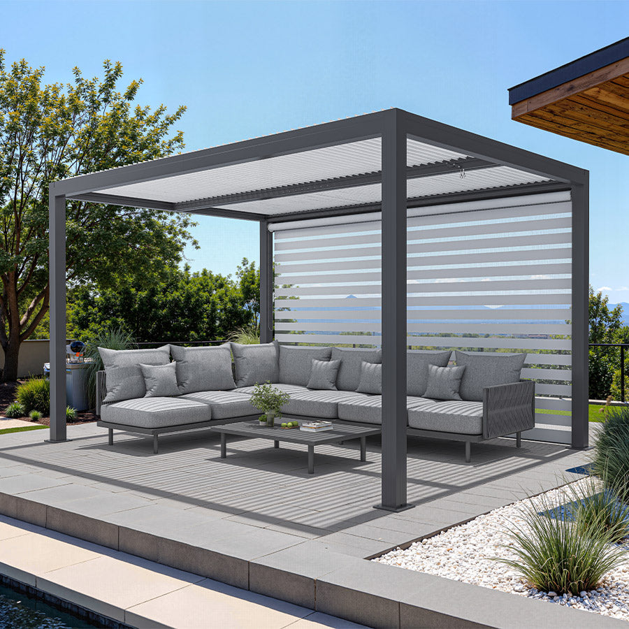 PURPLE LEAF Athena Louvered Pergola Grey Outdoor Aluminum Pergola with Roller Blinds Adjustable Gazebo Rainproof for Patio Deck Garden