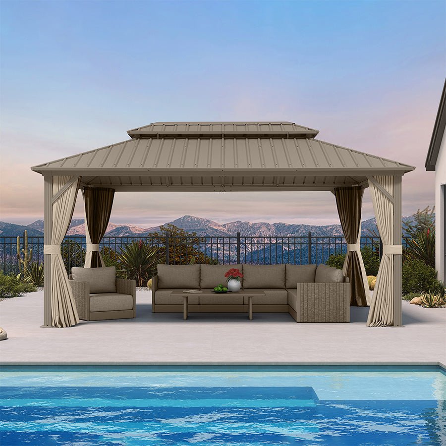 PURPLE LEAF Deck Gazebo Champagne Hardtop Metal Frame Double Roof with Curtains and Netting