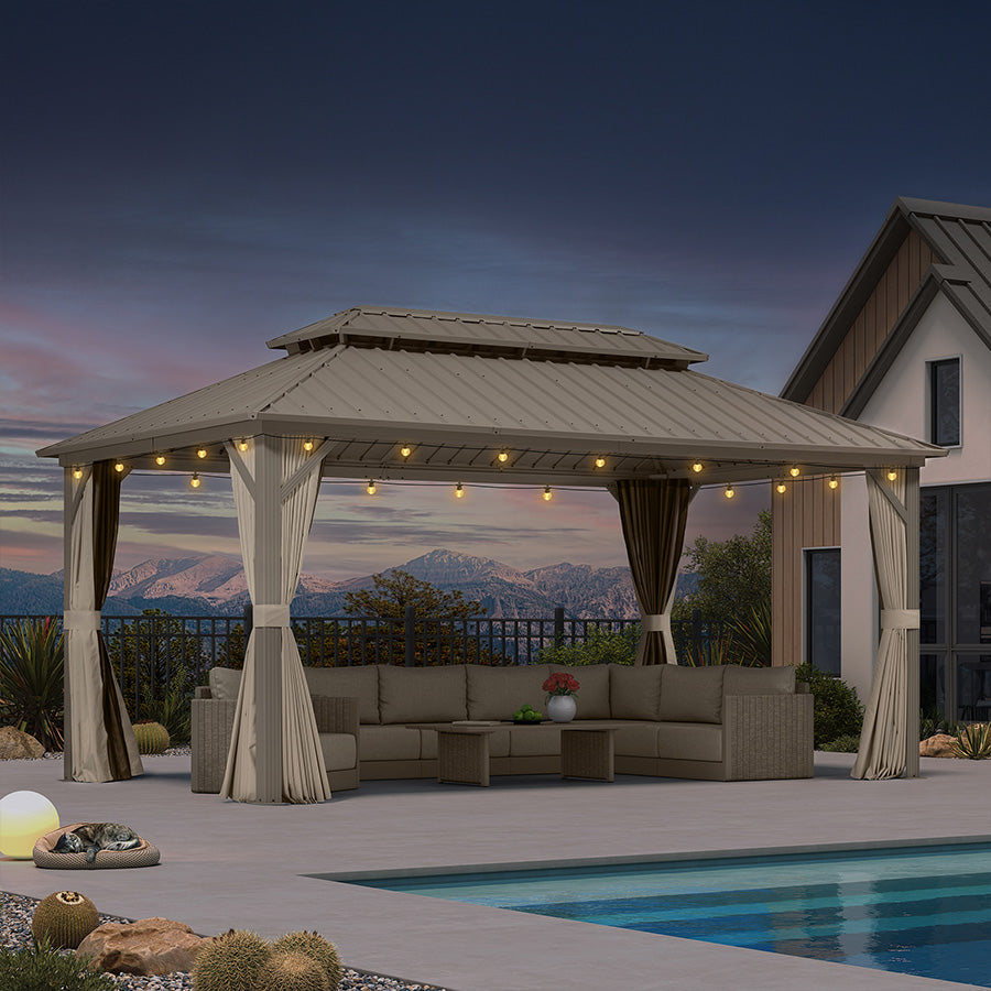 PURPLE LEAF Deck Gazebo Champagne Hardtop Metal Frame Double Roof with Curtains and Netting with Lights-clear