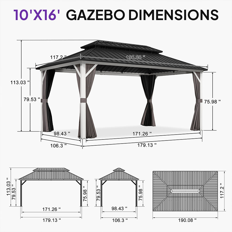 PURPLE LEAF Modern Gazebo Grey Hardtop Galvanized Steel Double Roof White Aluminum Poles with Curtains and Netting