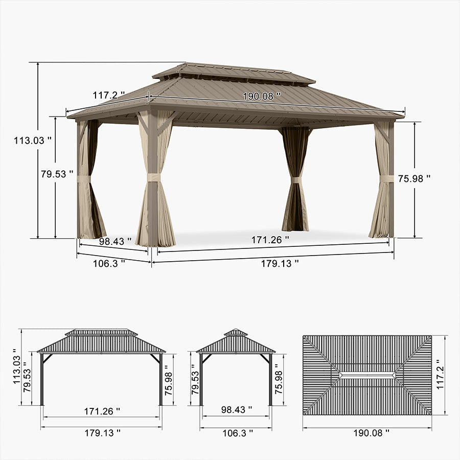 PURPLE LEAF Deck Gazebo Champagne Hardtop Metal Frame Double Roof with Curtains and Netting