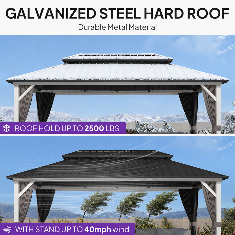 PURPLE LEAF Modern Gazebo Grey Hardtop Galvanized Steel Double Roof White Aluminum Poles with Curtains and Netting