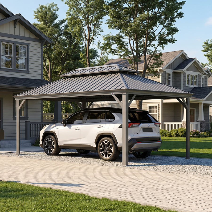 PURPLE LEAF Light Grey Metal Carport with Galvanized Steel Roof Heavy Duty Permanent Outdoor Car Shelter