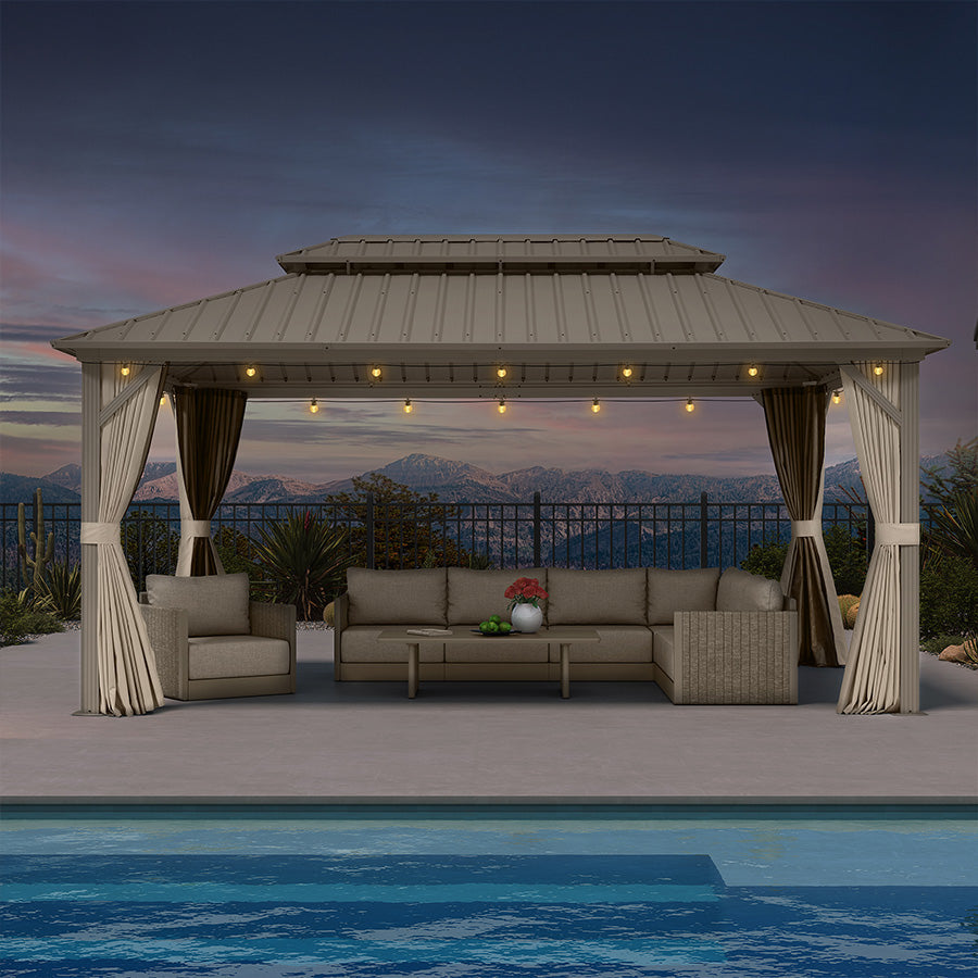 PURPLE LEAF Deck Gazebo Champagne Hardtop Metal Frame Double Roof with Curtains and Netting with Lights-clear