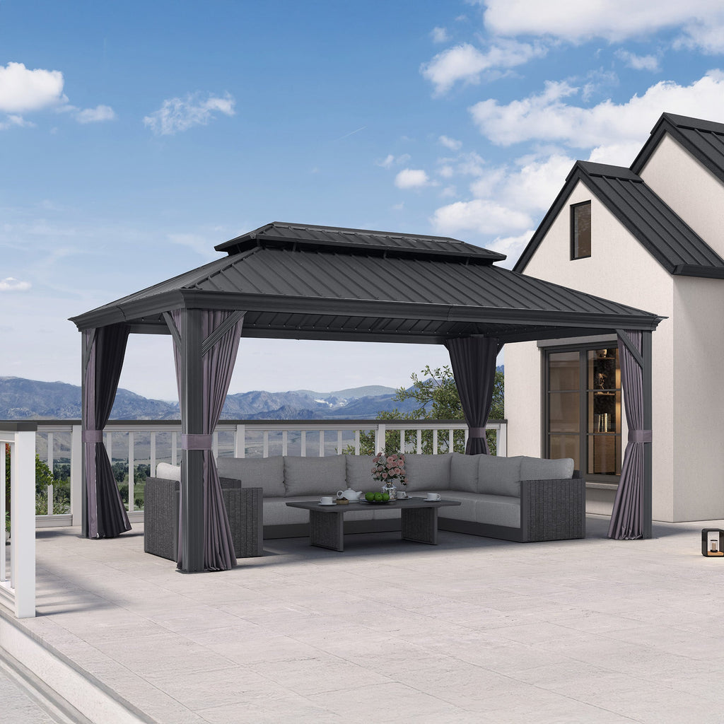 PURPLE LEAF Patio Gazebo for Backyard Grey Hardtop Galvanized Steel Roof Awning with Upgrade Curtain