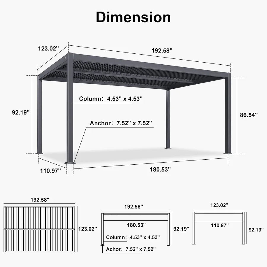 PURPLE LEAF Caesar Outdoor Louvered Pergola Patio Sun Shade Shelter with Adjustable Hardtop Patio Pergola Grey