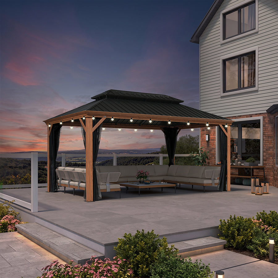 PURPLE LEAF – Pavillon à toit rigide pour terrasse, structure en aluminium effet bois avec guirlande lumineuse – clear