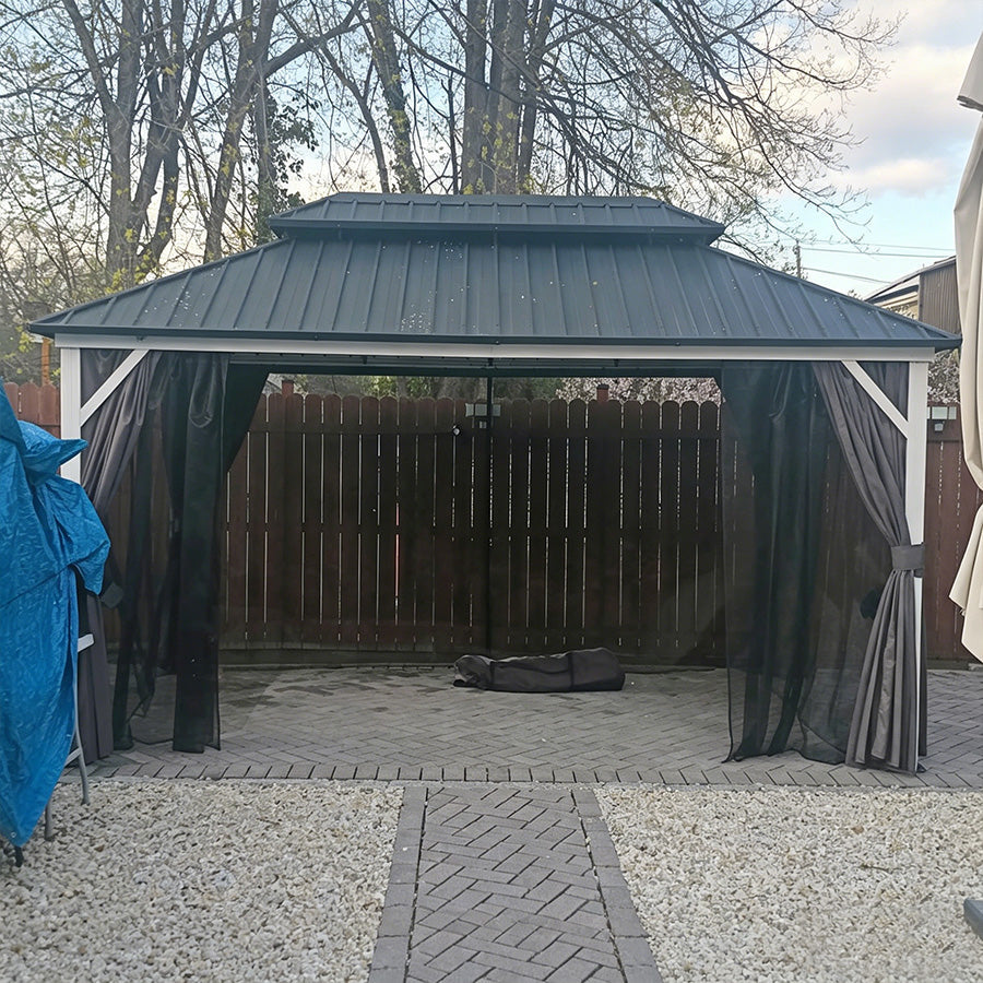 PURPLE LEAF Modern Gazebo Grey Hardtop Galvanized Steel Double Roof White Aluminum Poles with Curtains and Netting with Lights-milky