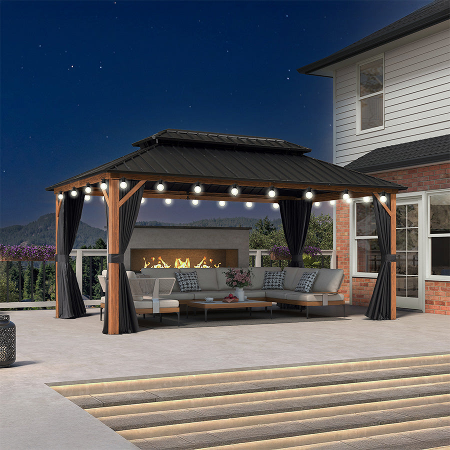 PURPLE LEAF Metal Gazebo Double Roof Wood Grain Aluminum Frame with Curtains and Netting with Lights-milky