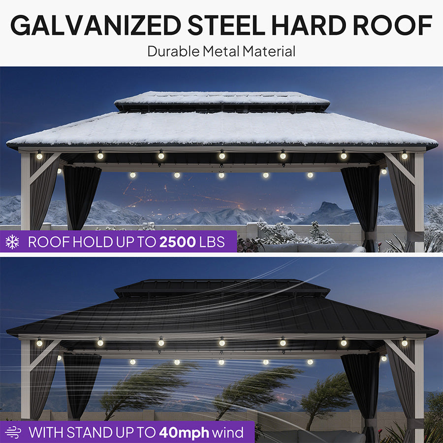 PURPLE LEAF Modern Gazebo Grey Hardtop Galvanized Steel Double Roof White Aluminum Poles with Curtains and Netting with Lights-clear