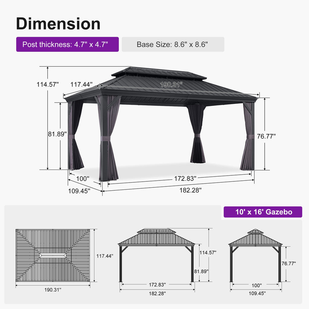 PURPLE LEAF Patio Gazebo for Backyard Grey Hardtop Galvanized Steel Roof Awning String Lights-milky