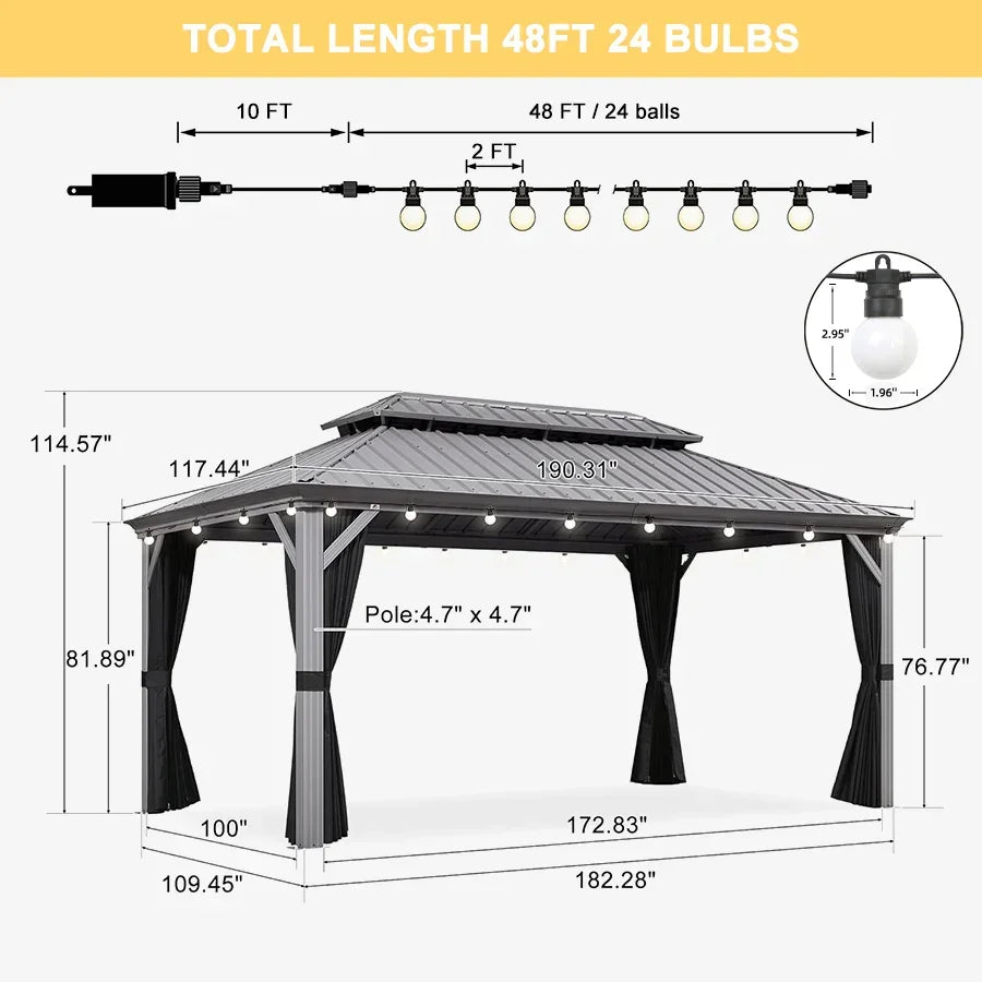 PURPLE LEAF Patio Gazebo for Pool Light Grey Hardtop Galvanized Steel Roof with String Lights-milky