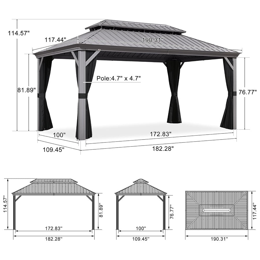 PURPLE LEAF Patio Gazebo for Pool Light Grey Hardtop Galvanized Steel Roof with Reinforcement Support Rod