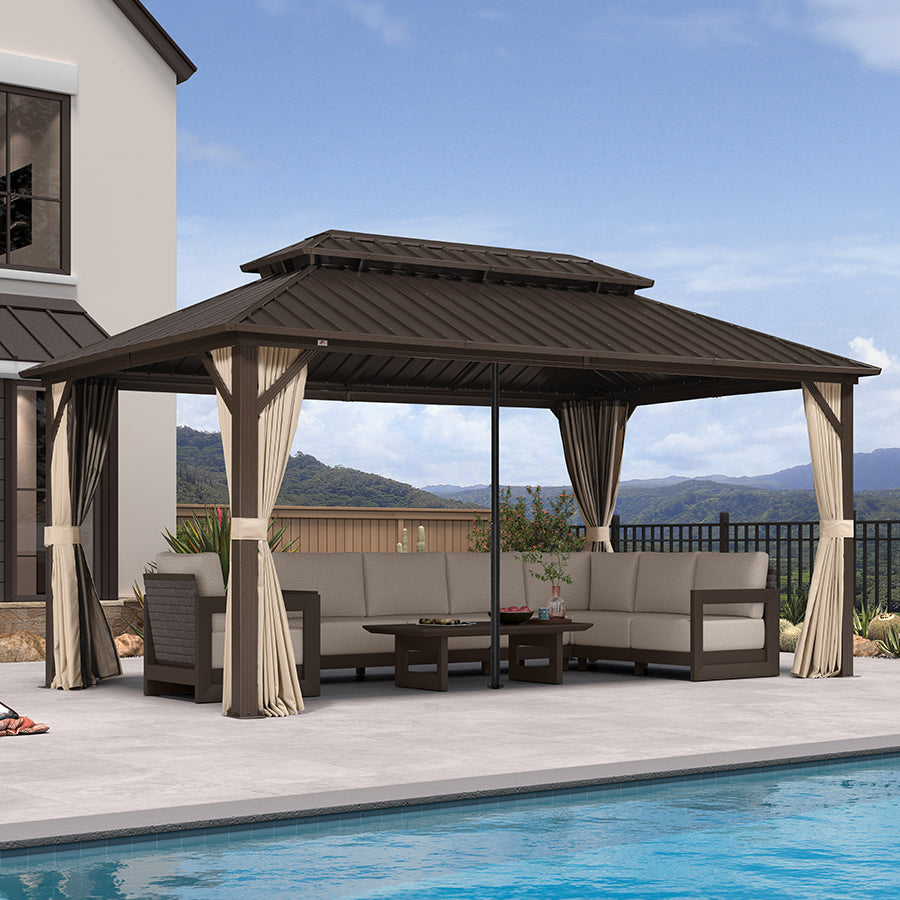PURPLE LEAF Hardtop Gazebo Featuring Galvanized Steel Double Roof and Bronze Aluminum Frame with Curtains Netting and Reinforcement Support Rods