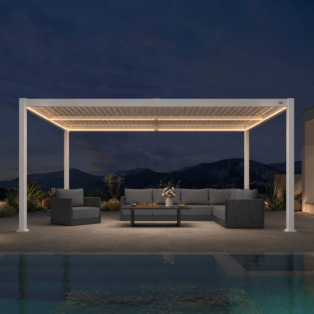PURPLE LEAF Caesar LED Louvered Pergola with Integrated Solar Strip Lights Adjustable Aluminum Louvers Wind Resistant Pergolas for Patio Dining Deck Garden Yard White