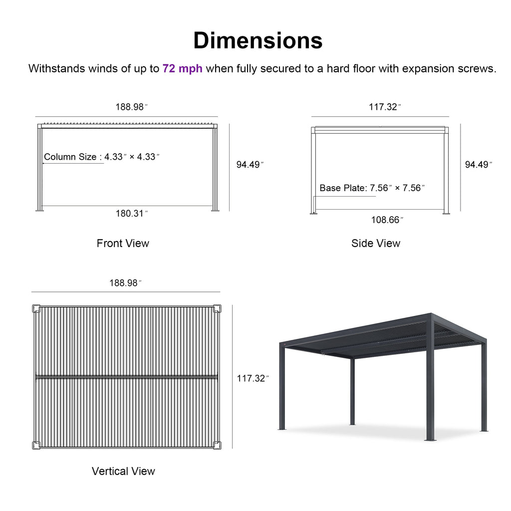 PURPLE LEAF Athena Louvered Pergola Grey Outdoor Aluminum Pergola with Shutter Wall Adjustable Gazebo Rainproof for Patio Deck Garden